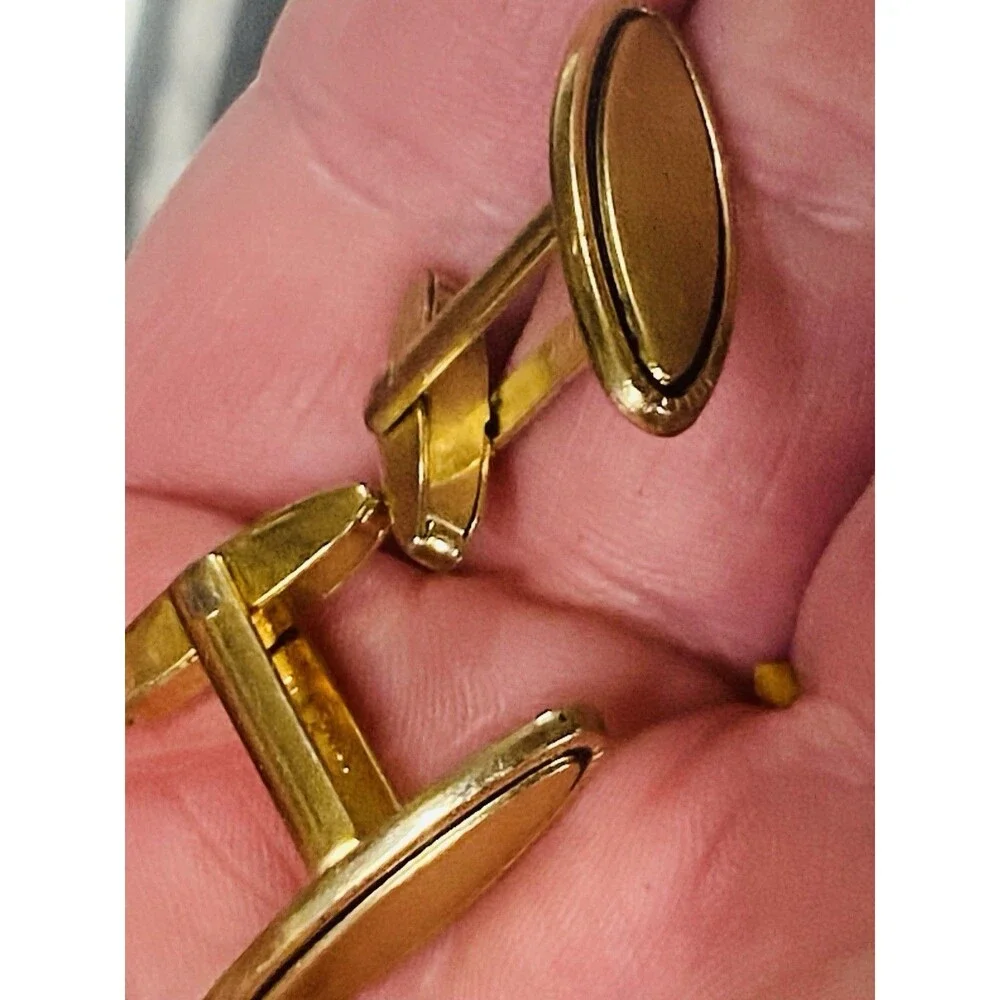 Vintage Mid Century Gold Plated Black Enamel Oval Cufflinks Pat Pend Bullet Back